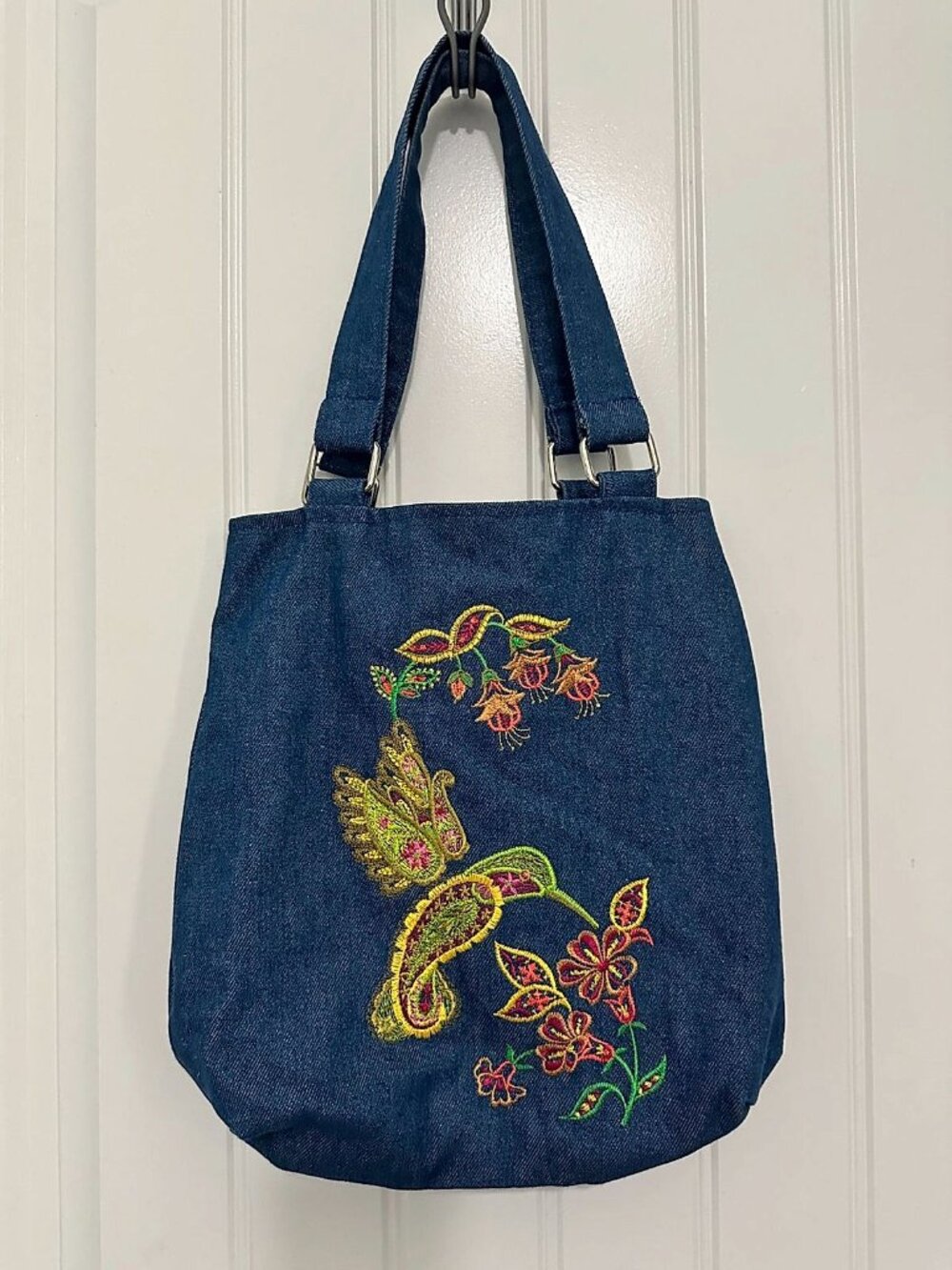 Handmade Denim Tote Bag with Embroidered Hummingbird & Floral Design